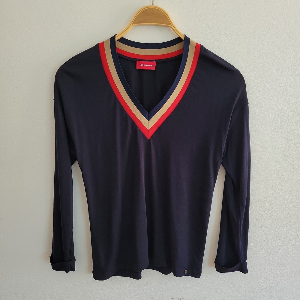 Lion of Porches Marino Jersey Knit V Neck Sweater   Navy Blue Long Sleeve Preppy